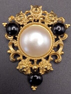 Avon Signed Lions Gold-Tone Faux Pearl Brooch